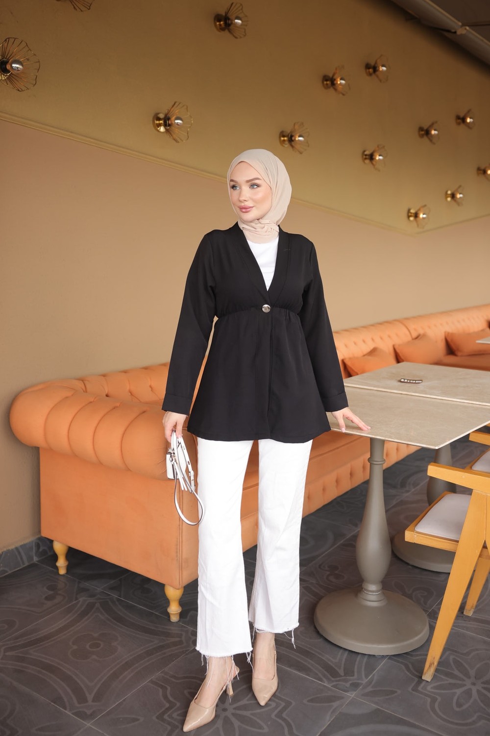 İmaj Butik Lacivert Kol Katlı Tek Düğmeli Dabıl Crep Ceket görsel 6