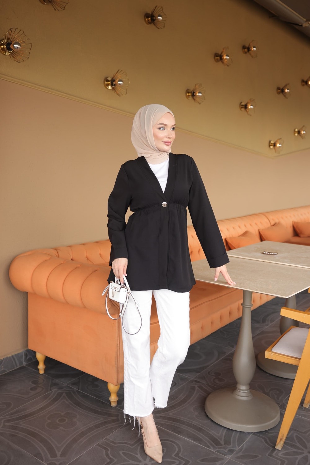 İmaj Butik Lacivert Kol Katlı Tek Düğmeli Dabıl Crep Ceket görsel 7