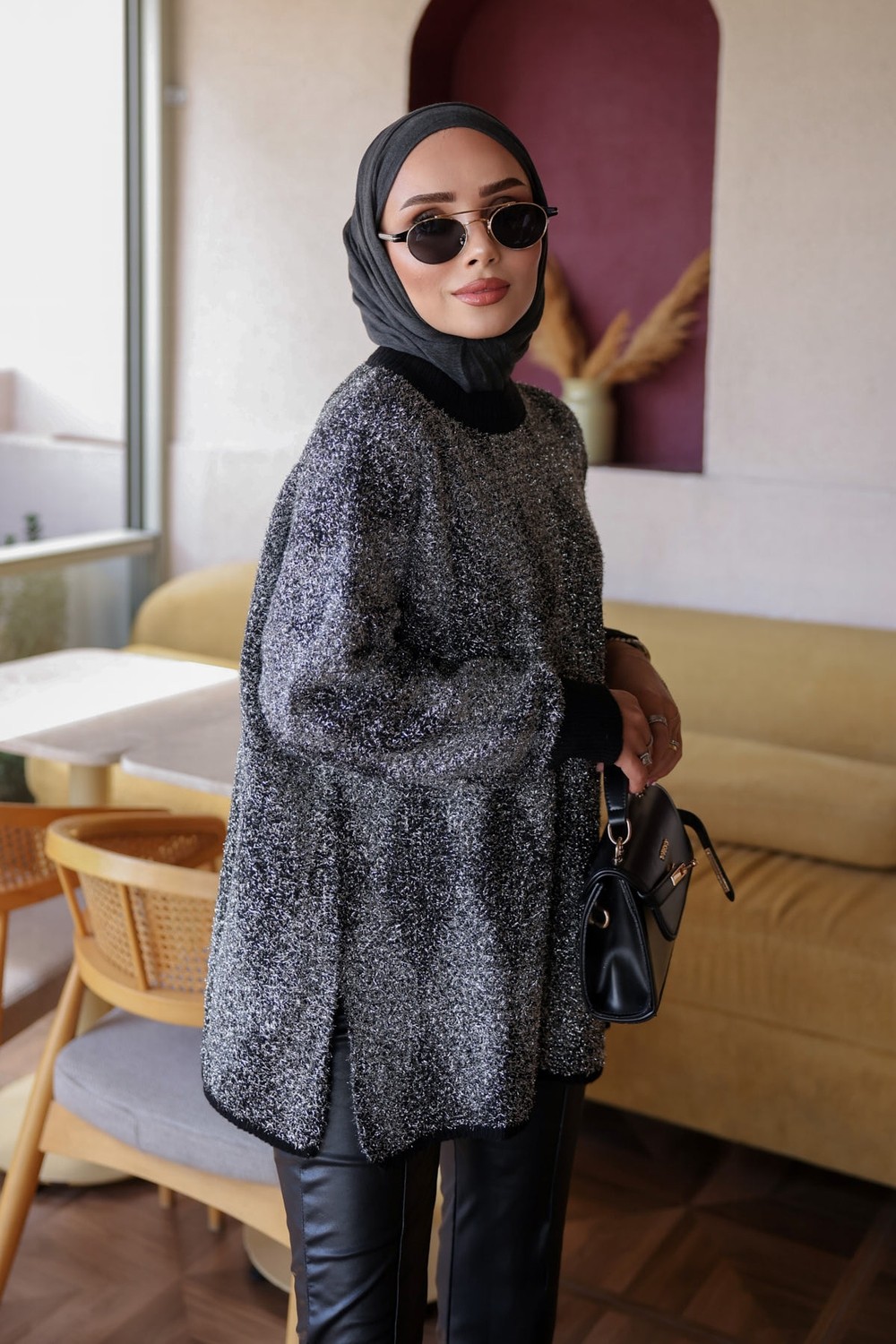 İmaj Butik Kahverengi Minerva Simli Sakal Salaş Triko Kazak