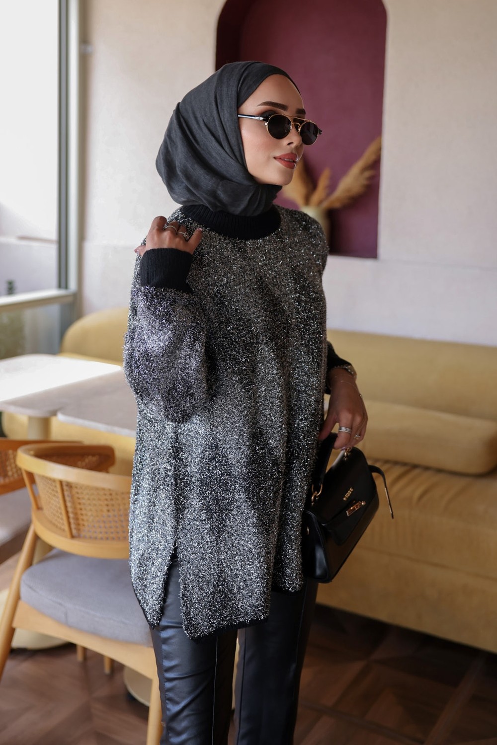 İmaj Butik Kahverengi Minerva Simli Sakal Salaş Triko Kazak görsel 4