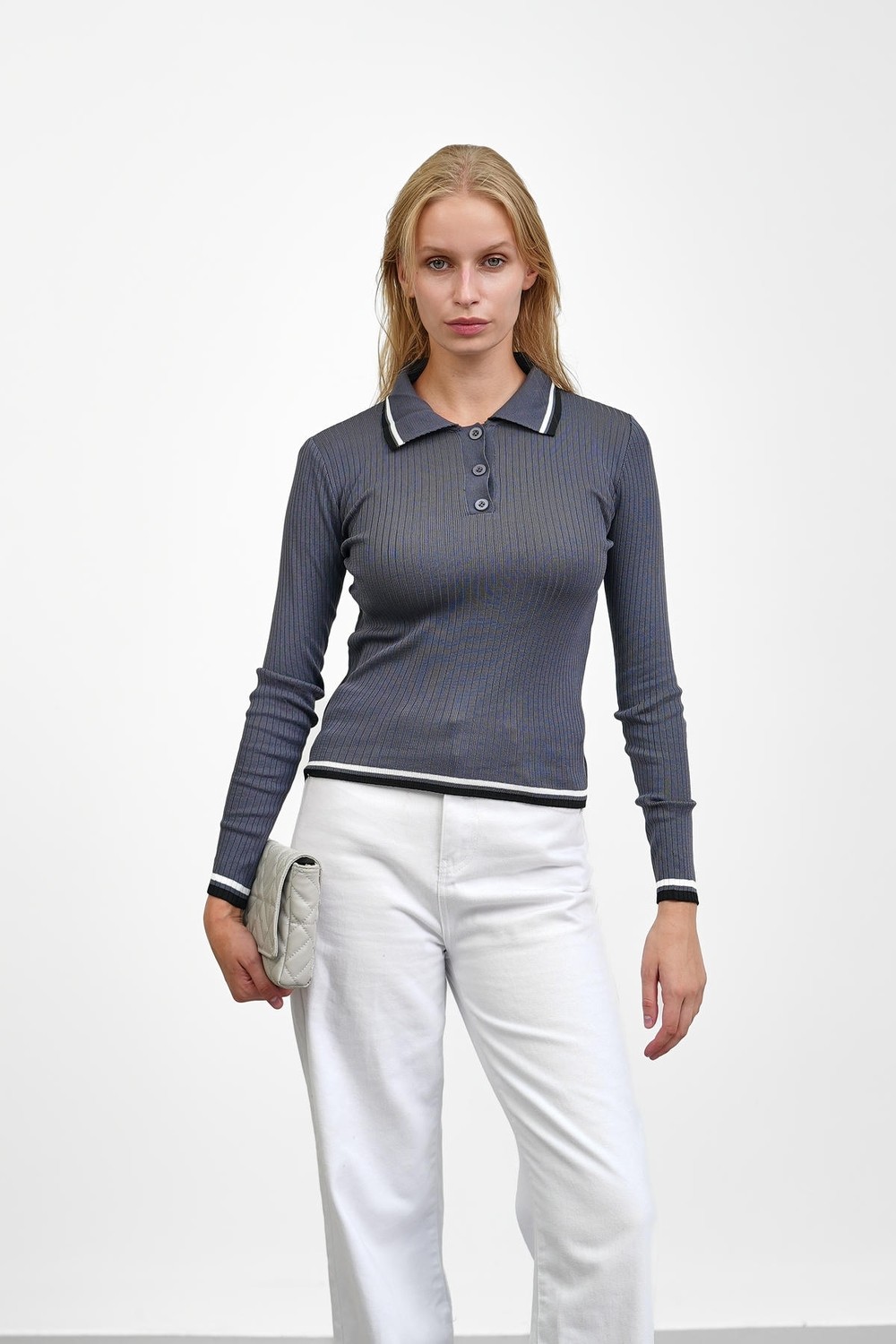 İmaj Butik Füme Fitilli Polo Yaka Çizgili Triko Body Kazak görsel 2