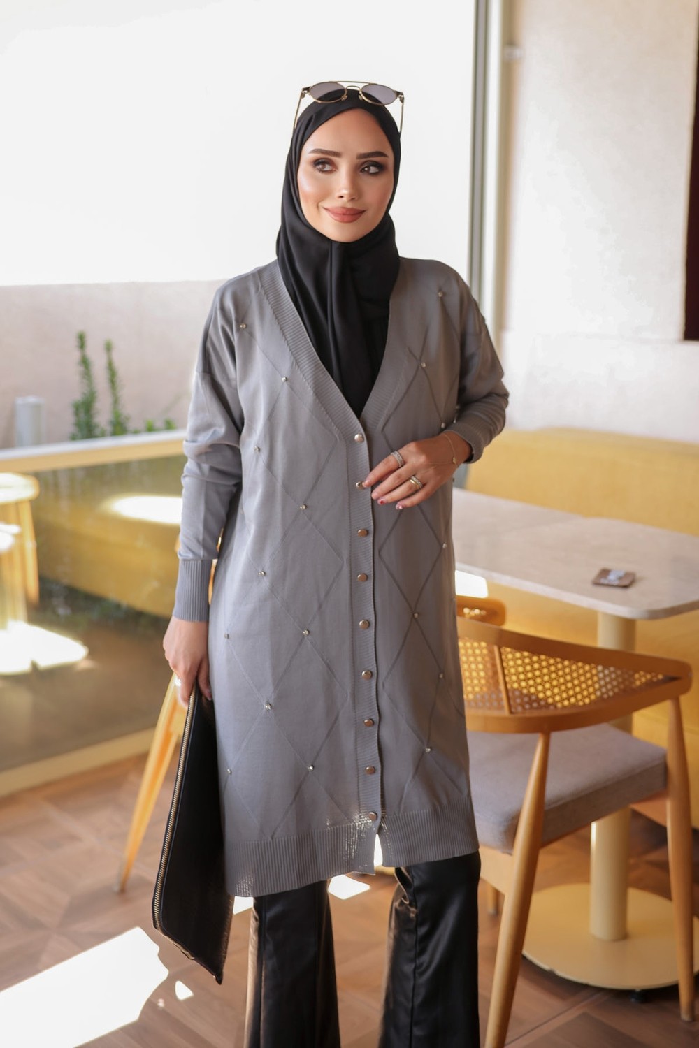 İmaj Butik Gri Taşlı Soğuk Iplik Triko Hırka görsel 3