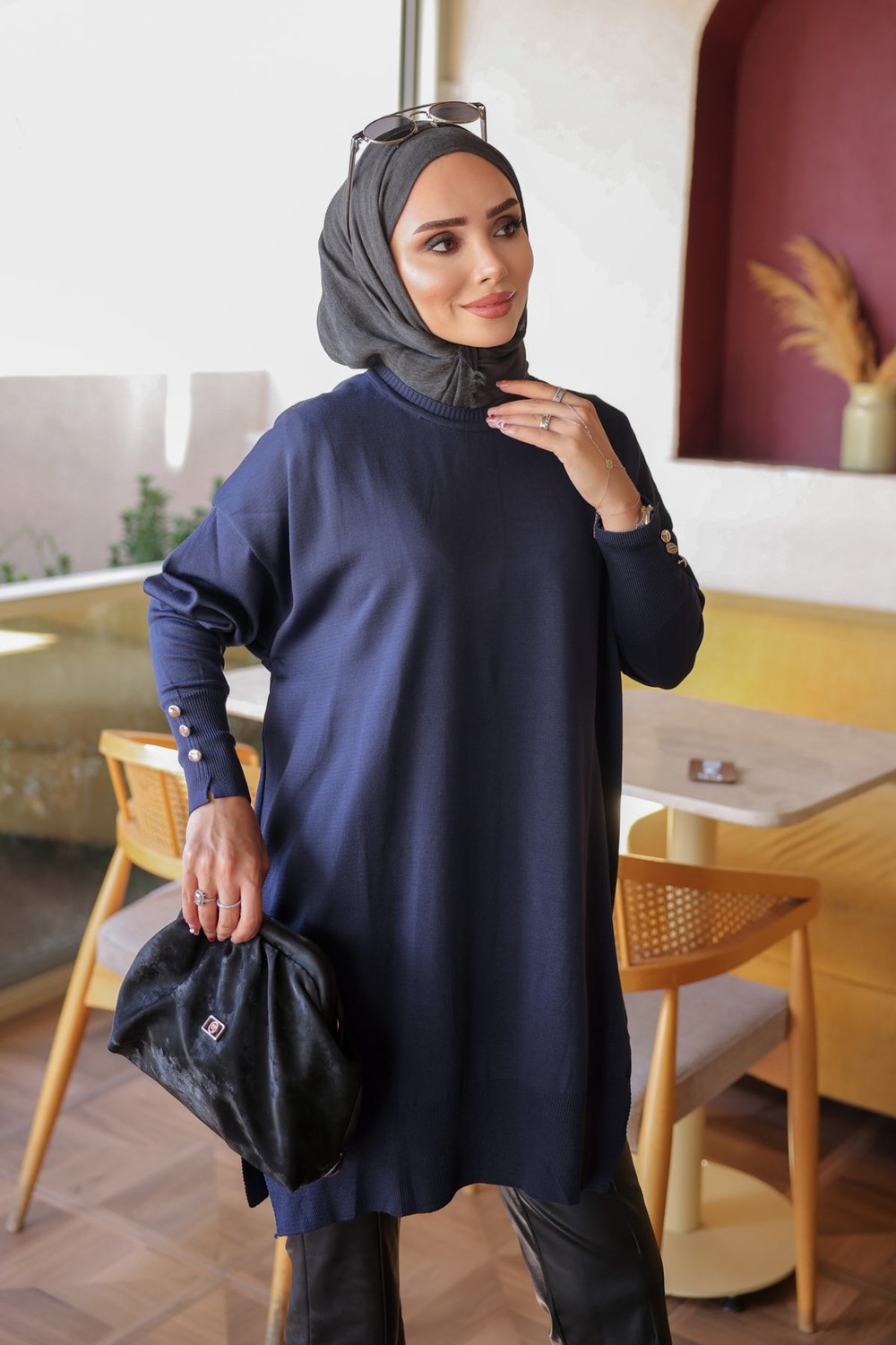 İmaj Butik Gri Kol Düğmeli Soğuk Iplik Triko Tunik görsel 3