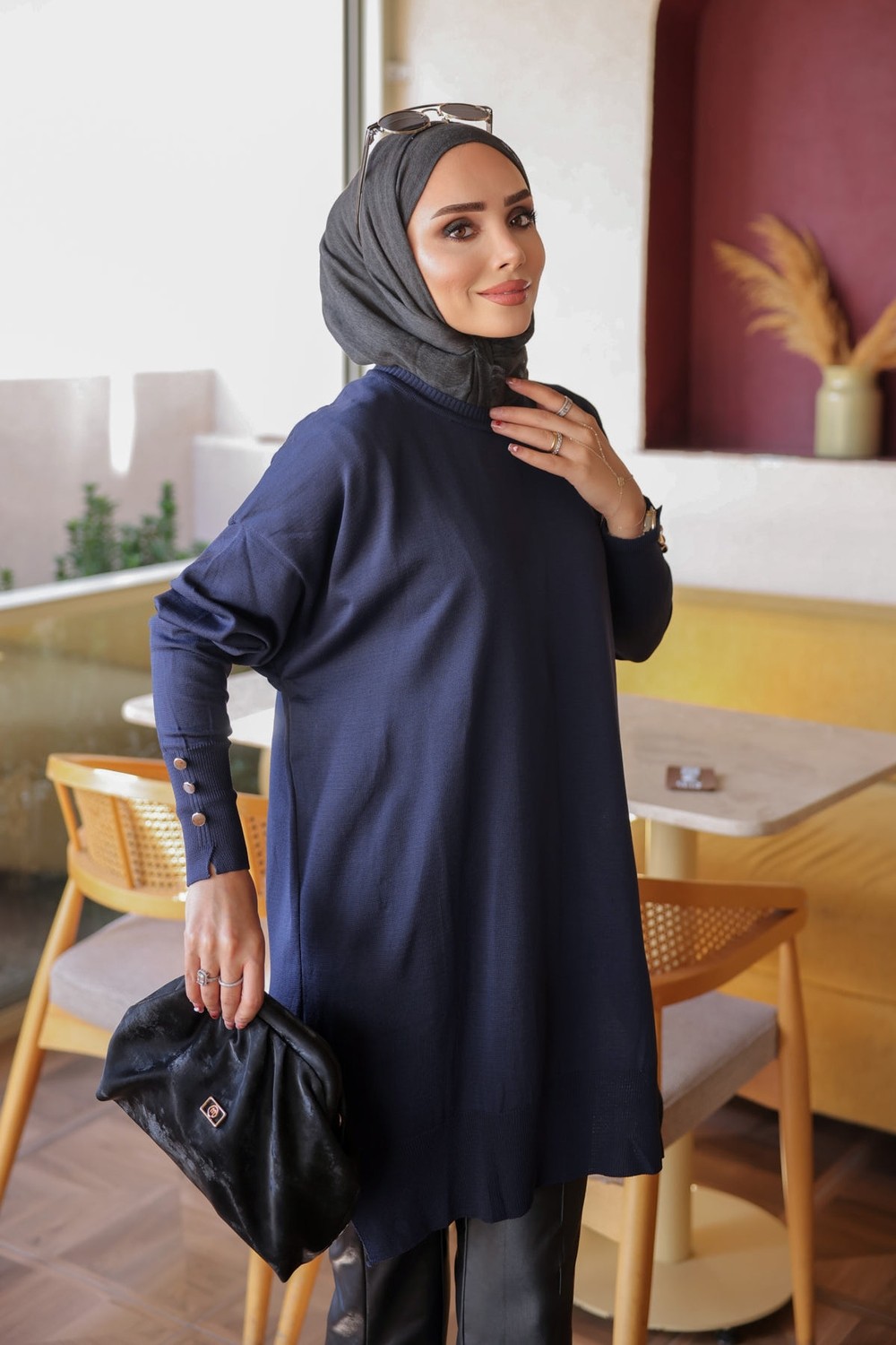 İmaj Butik Gri Kol Düğmeli Soğuk Iplik Triko Tunik görsel 6