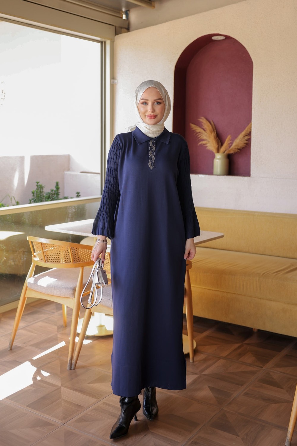 İmaj Butik Kahverengi Merserize Taşlı Triko Elbise görsel 6