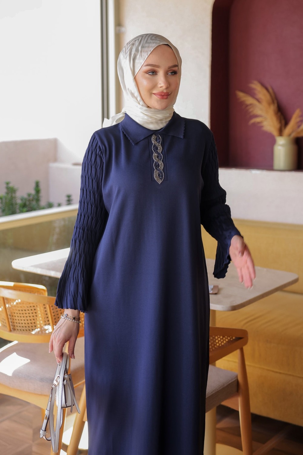 İmaj Butik Kahverengi Merserize Taşlı Triko Elbise görsel 8