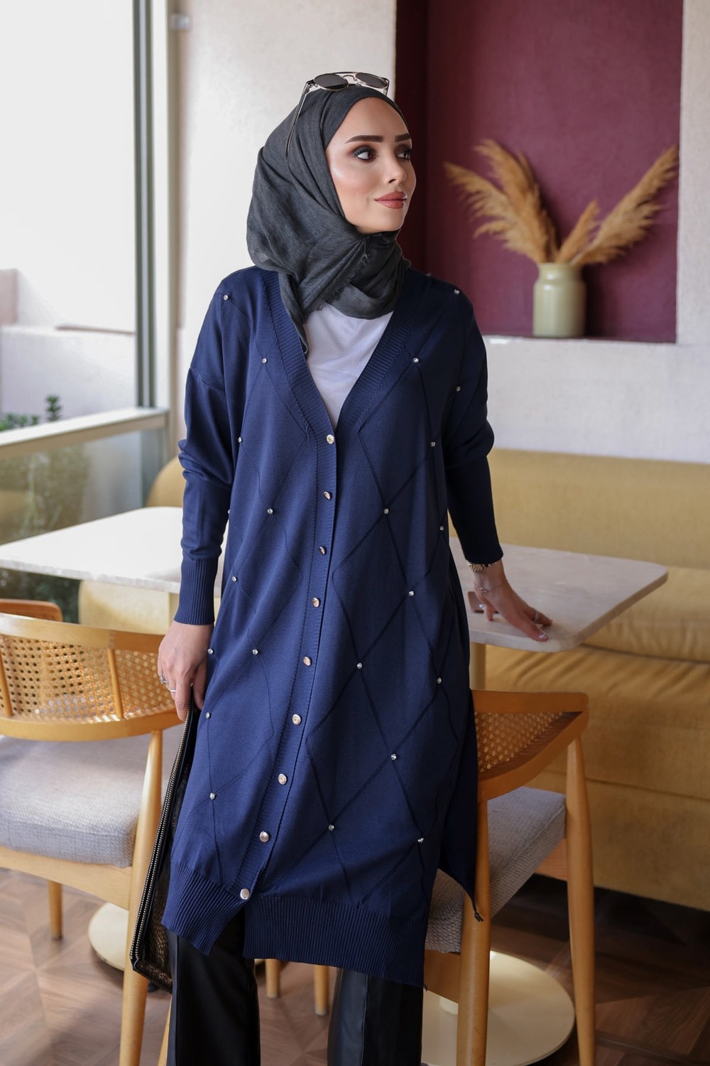 İmaj Butik Gri Taşlı Soğuk Iplik Triko Hırka görsel 5