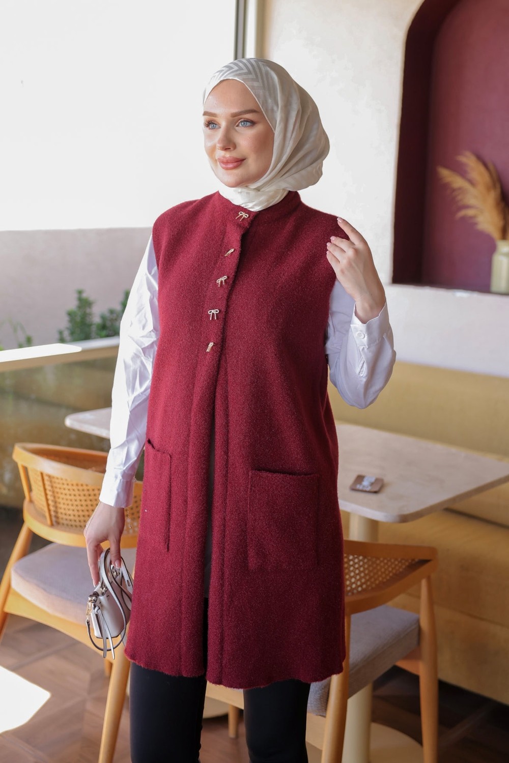 İmaj Butik Krem Fiyonk Düğmeli Keçe Yelek