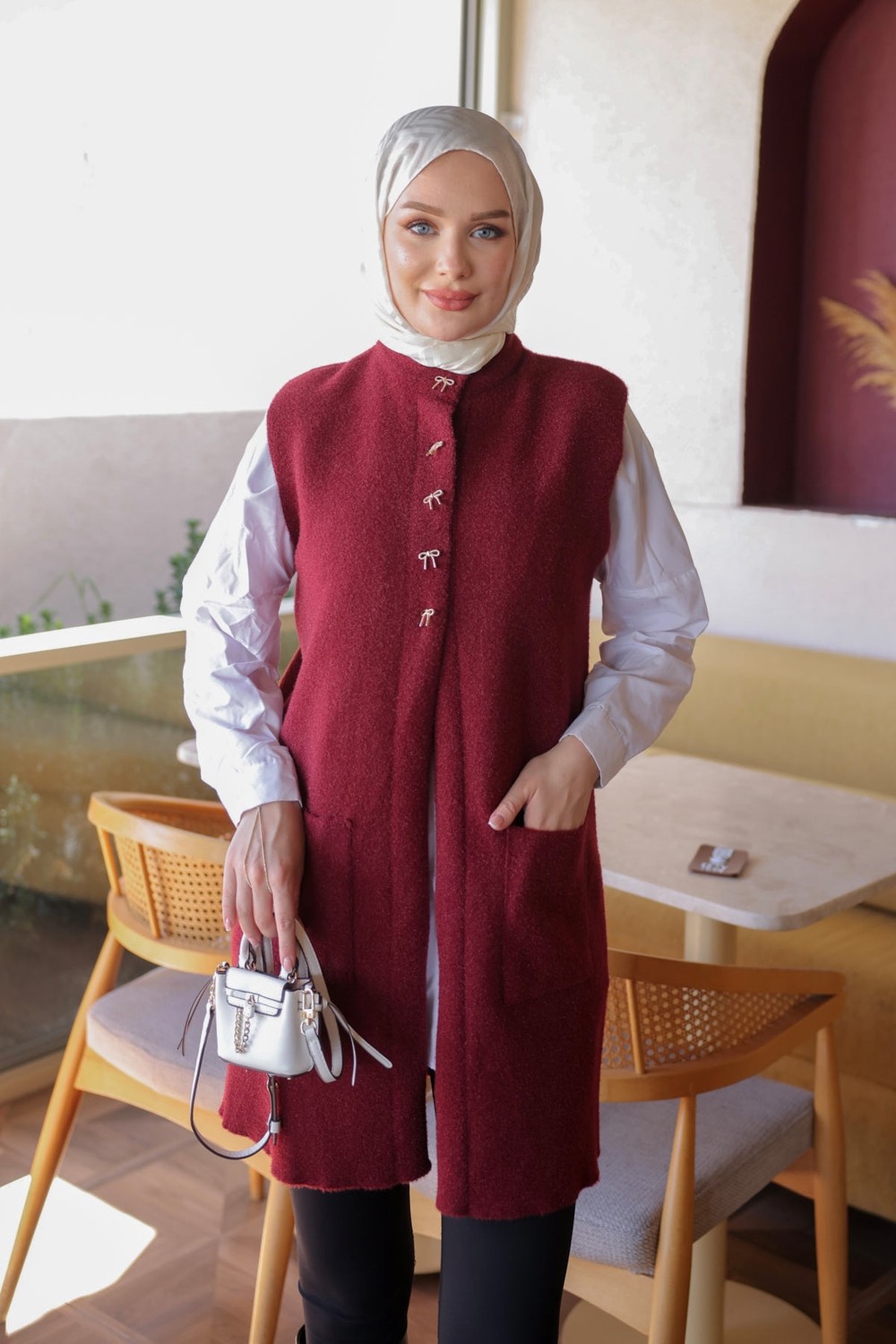 İmaj Butik Krem Fiyonk Düğmeli Keçe Yelek görsel 4