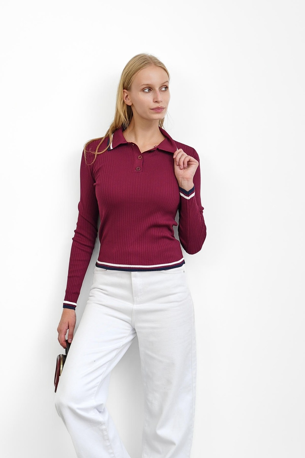 İmaj Butik Füme Fitilli Polo Yaka Çizgili Triko Body Kazak