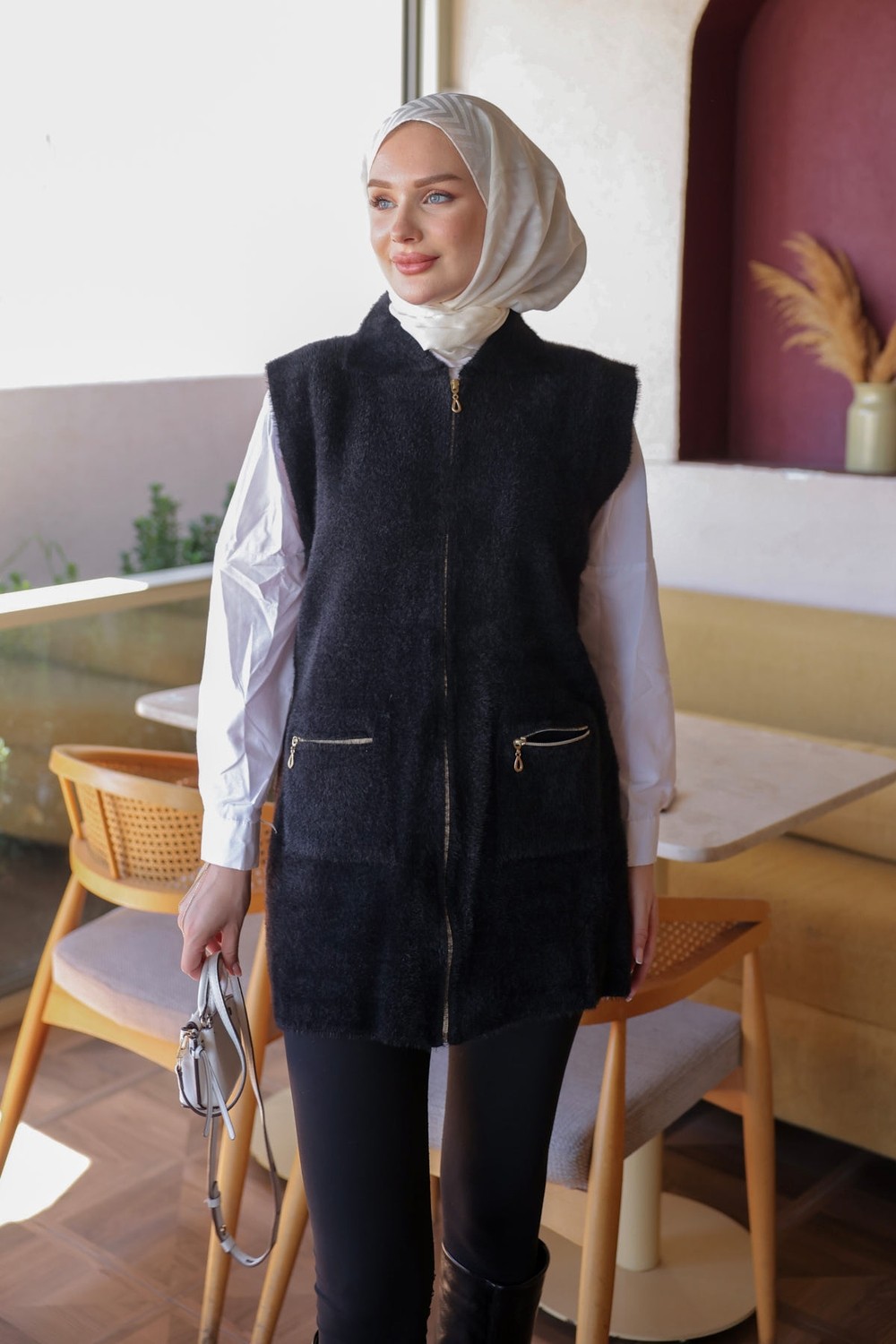 İmaj Butik Bordo Fermuarlı Angora Yumoş Triko Yelek görsel 6