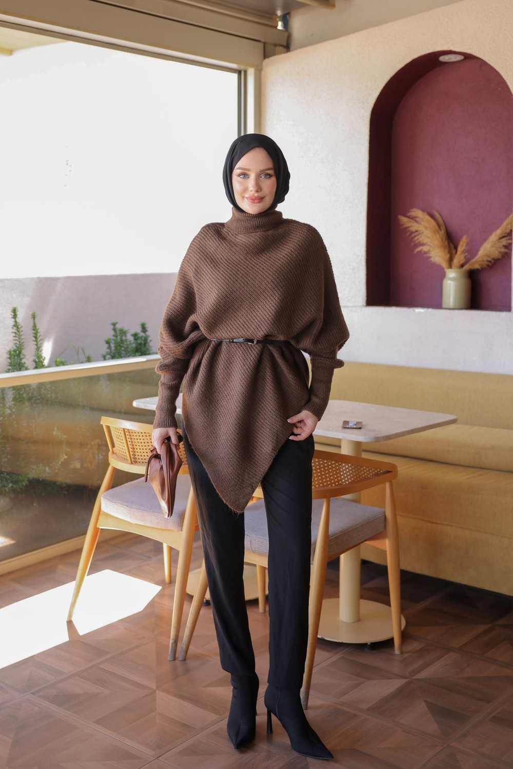 İmaj Butik Gri Asimetrik Kesim Kemerli Yumuş Triko Kazak görsel 7