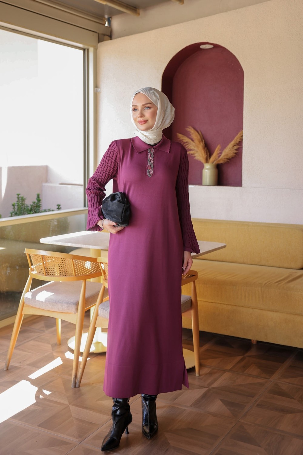 İmaj Butik Kahverengi Merserize Taşlı Triko Elbise