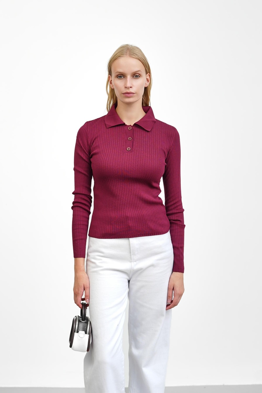 İmaj Butik Bordo Fitilli Polo Yaka Triko Body Kazak görsel 6