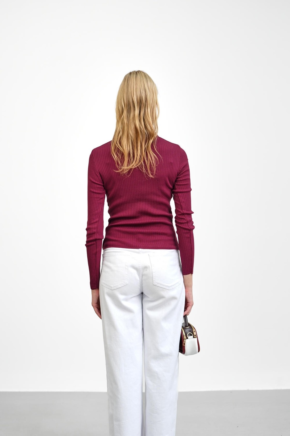 İmaj Butik Bordo Fitilli Polo Yaka Triko Body Kazak görsel 8