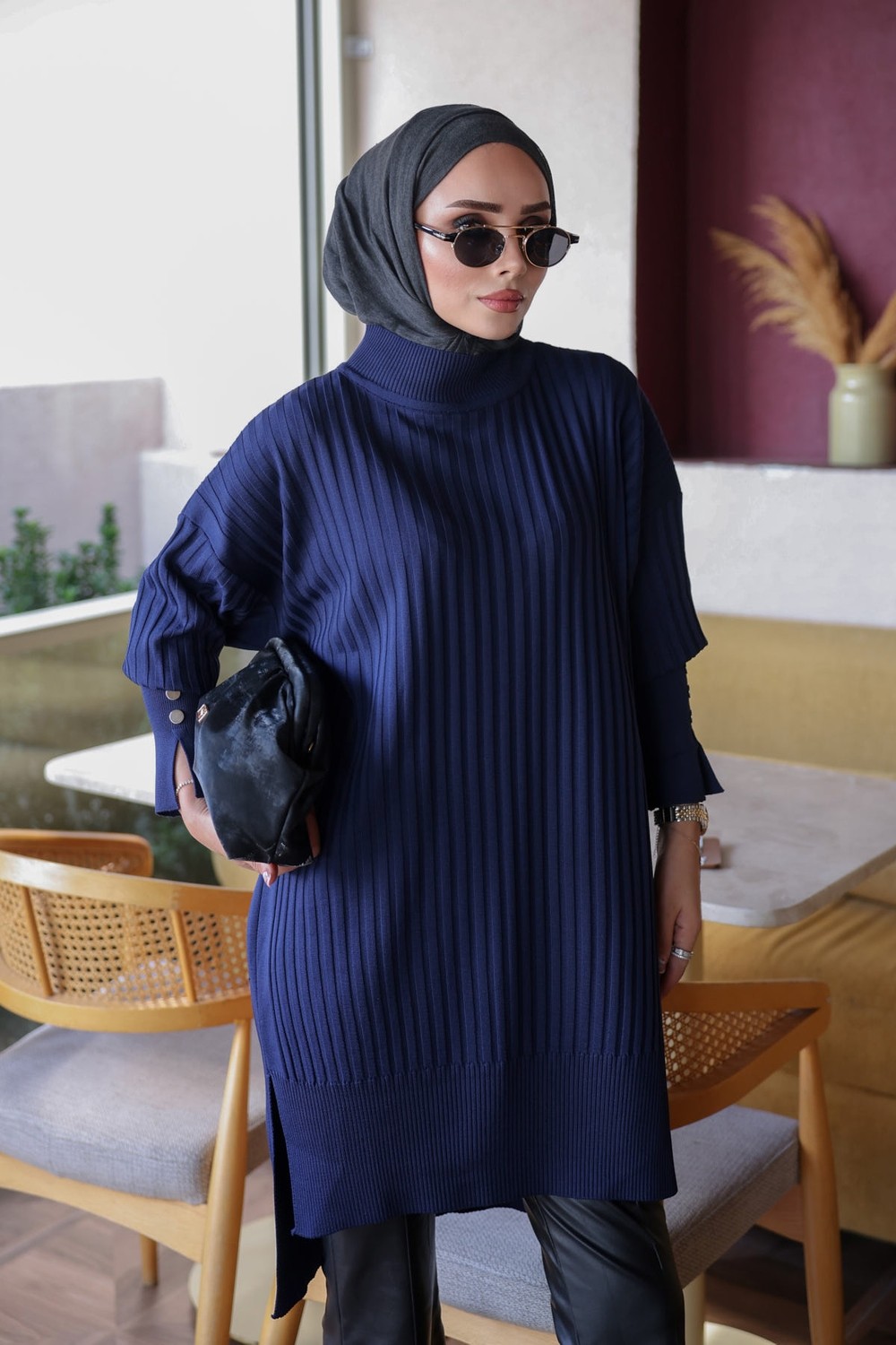 İmaj Butik Mürdüm Soğuk Iplik Kol Düğmeli Triko Tunik