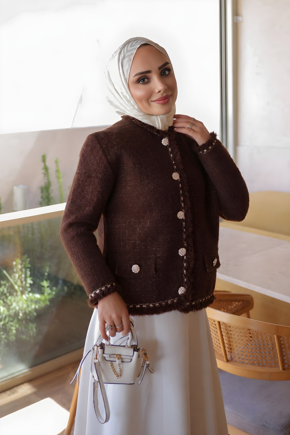İmaj Butik Kahverengi Püskül Detaylı Angora Triko Hırka görsel 3
