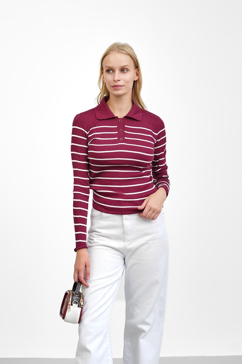 İmaj Butik Bordo Fitilli Polo Yaka Triko Body Kazak