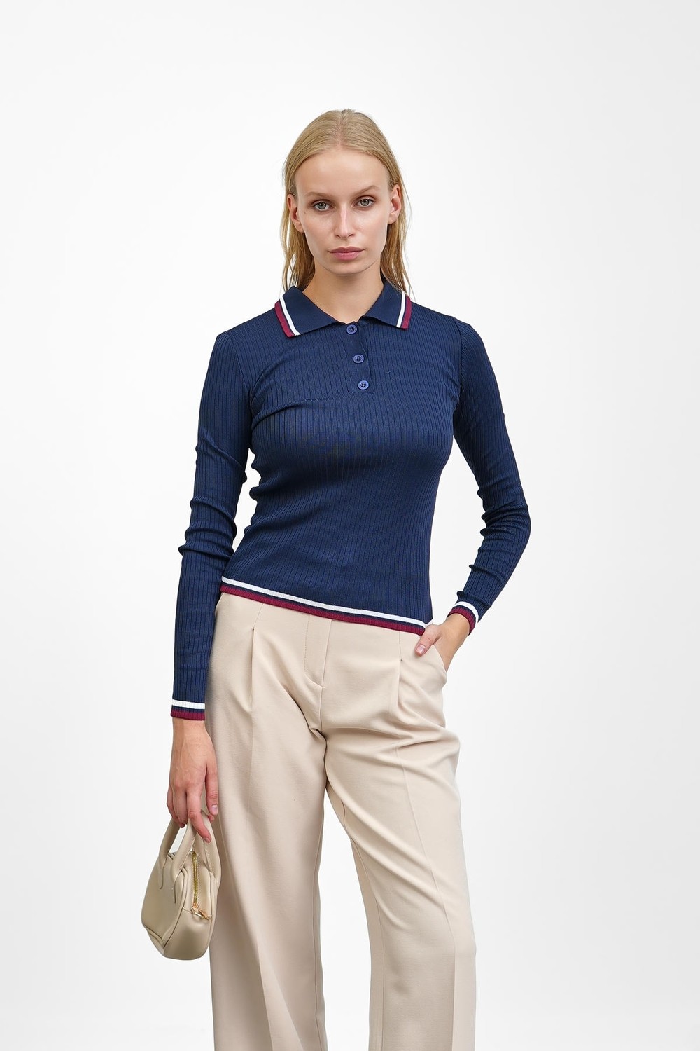 İmaj Butik Füme Fitilli Polo Yaka Çizgili Triko Body Kazak