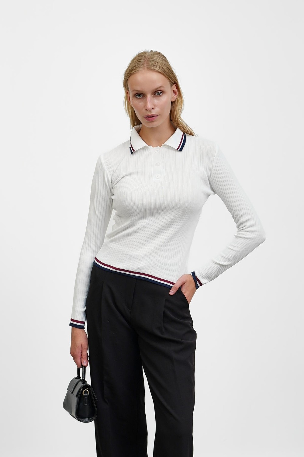 İmaj Butik Füme Fitilli Polo Yaka Çizgili Triko Body Kazak
