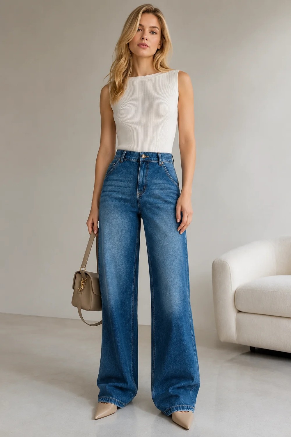 Shevega Kadın Füme Bol Paça Palazzo Denim Salaş Wide Leg Jeans Kot Pantolon