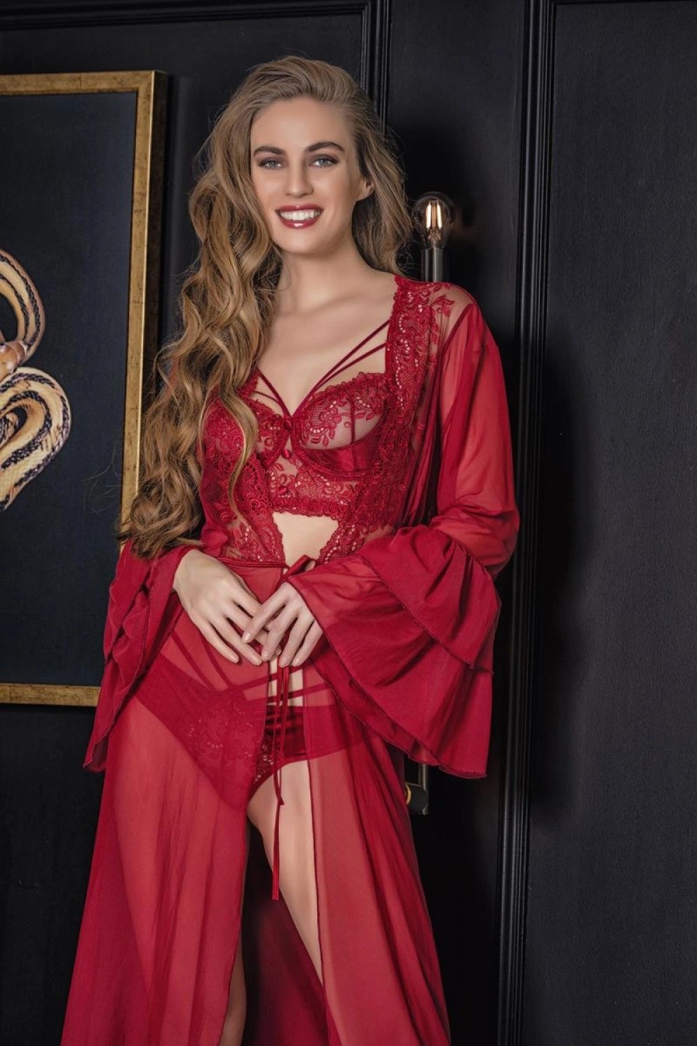Pileli Store Transparan Maxi Boy Sabahlık Bordo görsel 2