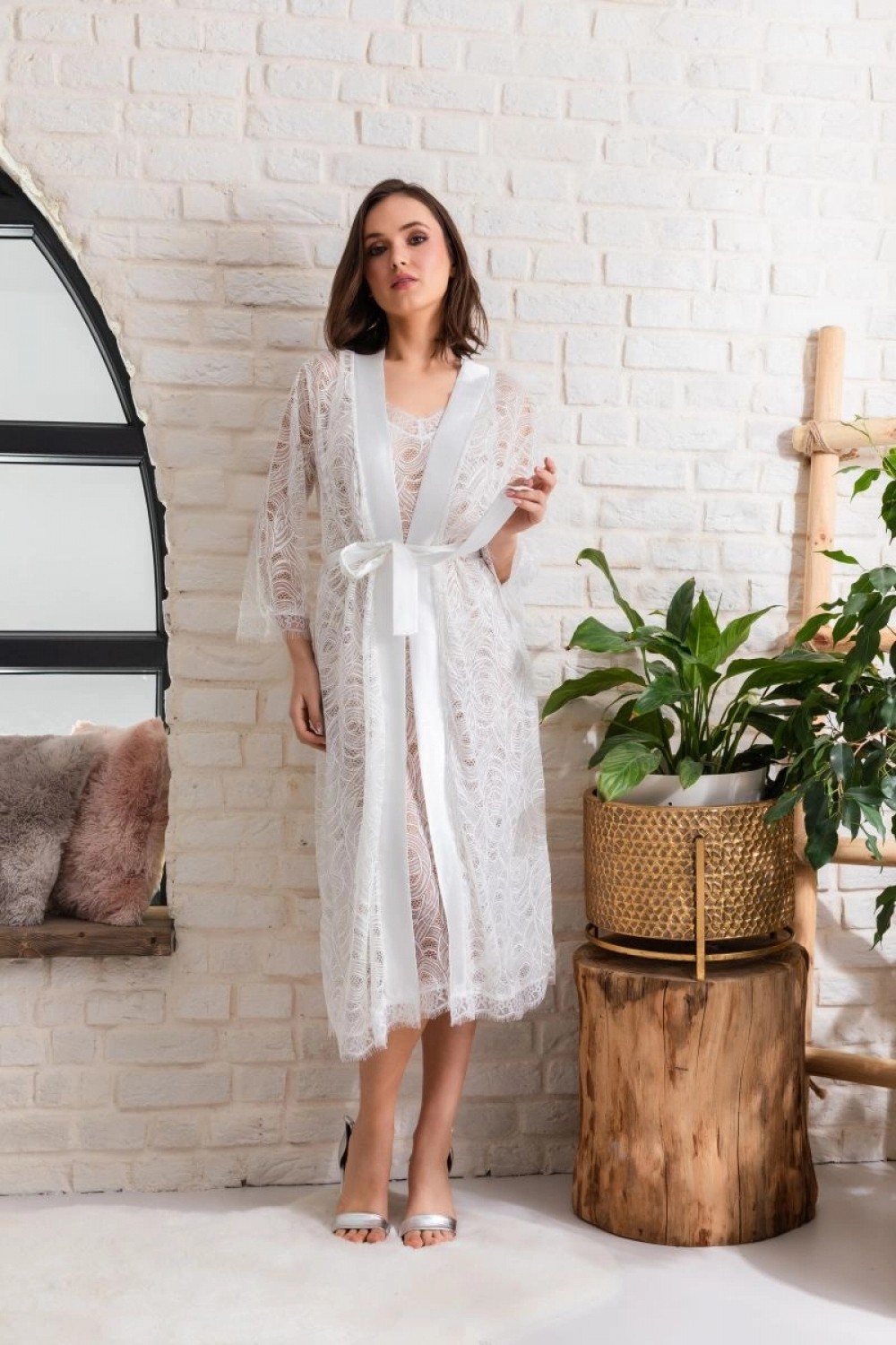 Pileli Store Gelin Set Transparan Midi Boy Kuşaklı Sabahlık Ekru