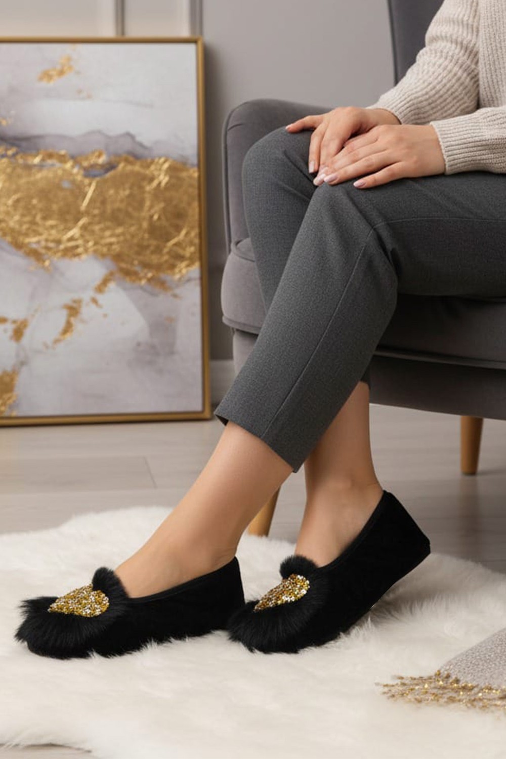 Ceyda Shoes Süslü Kadife Ev,hac, Umre Babeti, Hediye, Günlük Babet,tüylü Babet, Panduf, Patik, Gösteri Pisi Pisi görsel 2