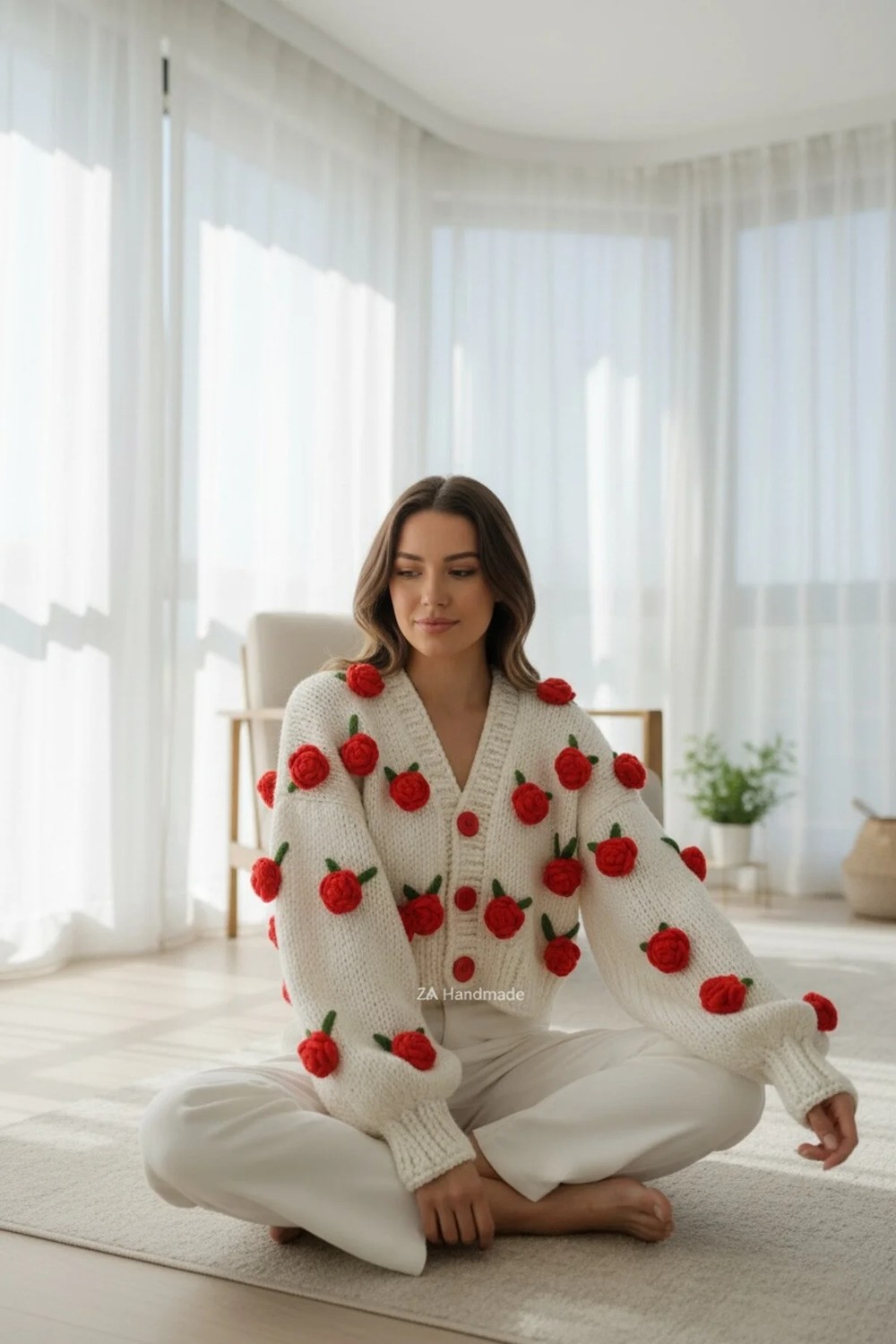 Hobilanka Gül Detayli El Örgüsü Kadın Hırka, Çiçekli Hırka,trend görsel 2