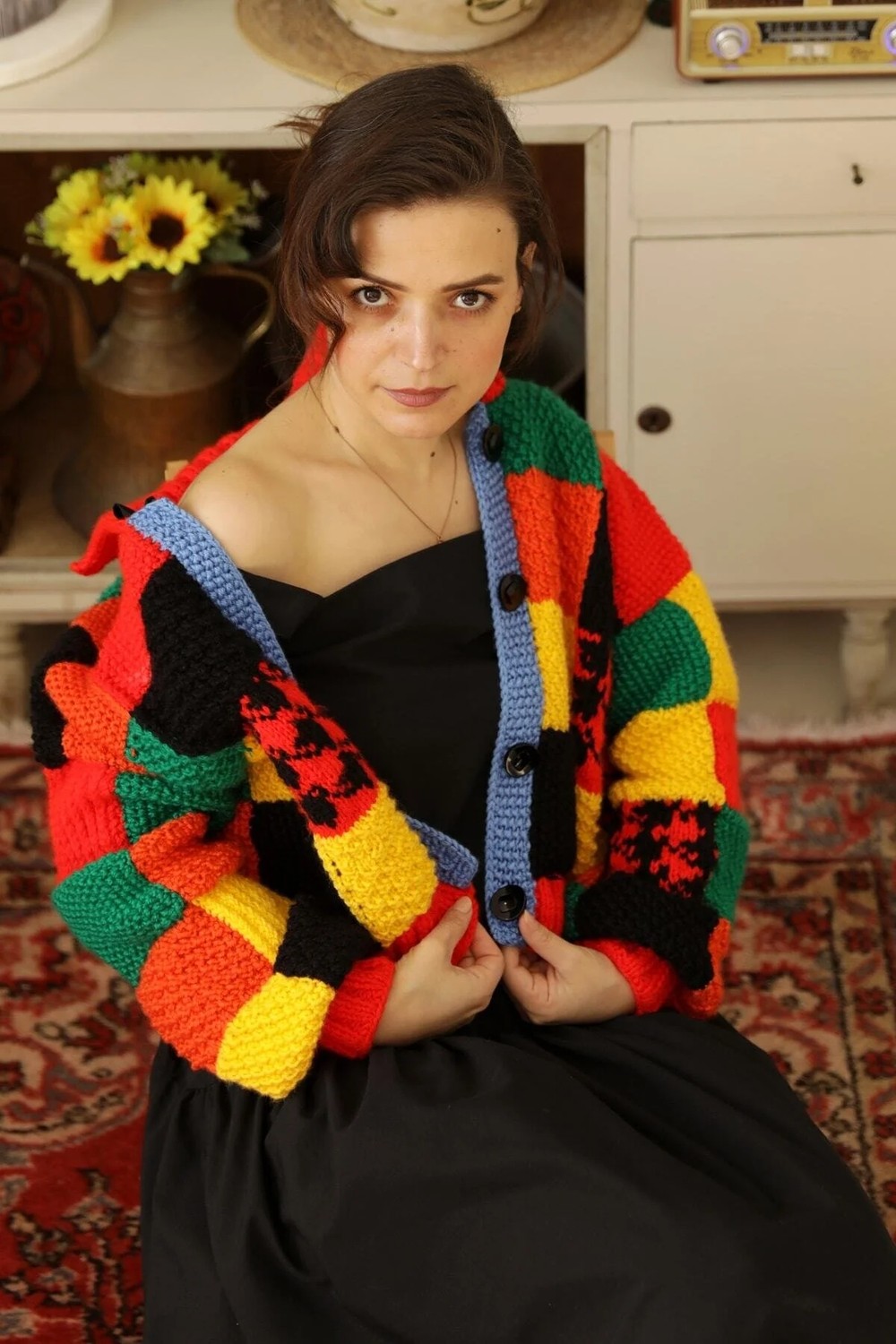 Hobilanka Kadın Renkli El Örgüsü Harry Styles Kısa Hırka görsel 3
