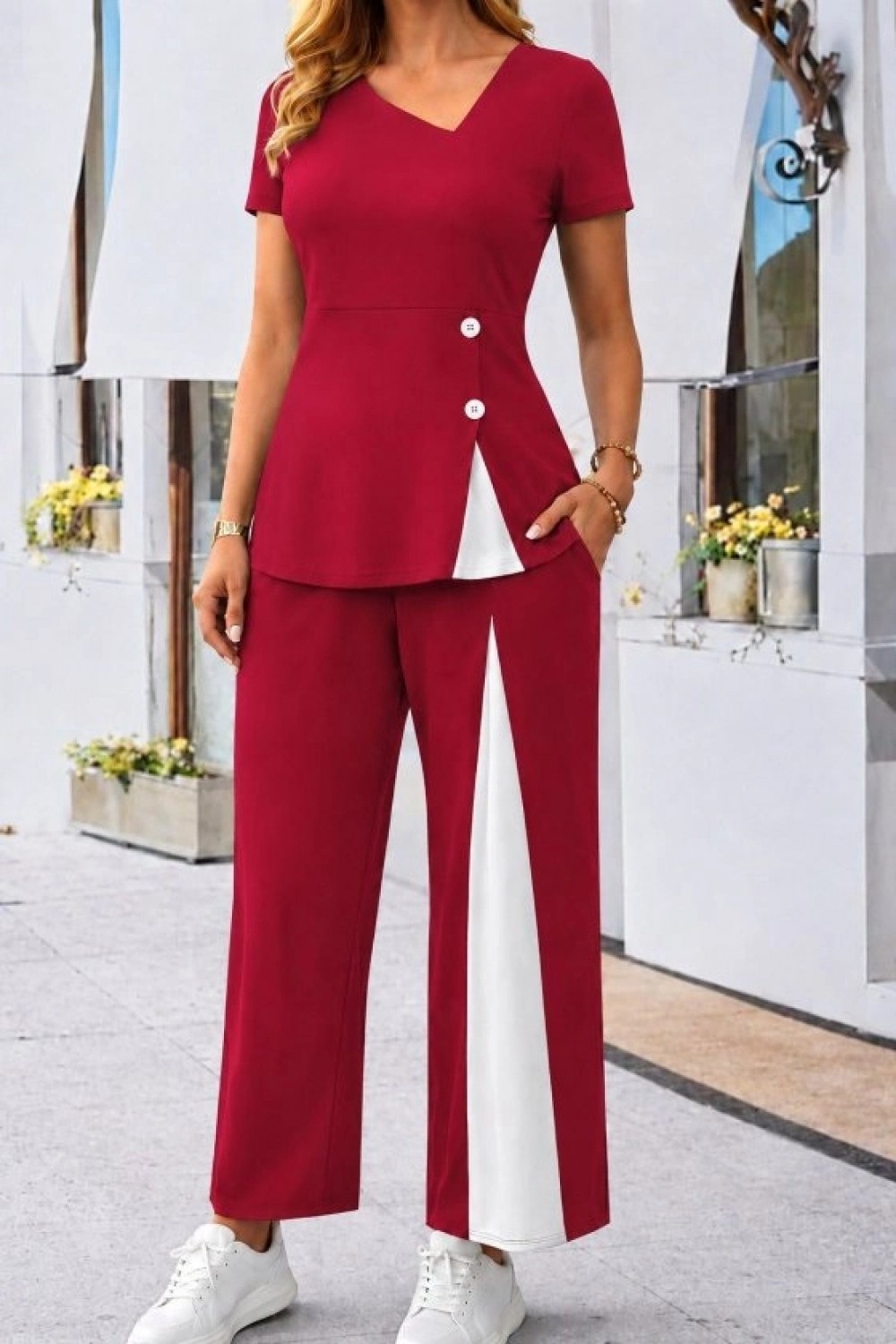 Pileli Store Kadın Kısa Kollu Asimetrik V Yakalı Yandan Düğmeli Janjankrep Bluz ve Pantolon Ikili Takım