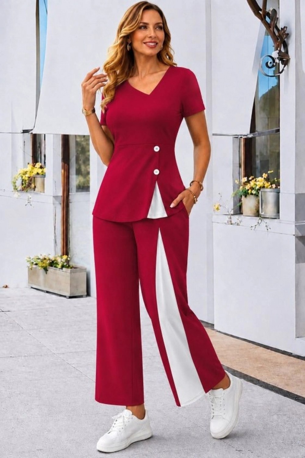 Pileli Store Kadın Kısa Kollu Asimetrik V Yakalı Yandan Düğmeli Janjankrep Bluz ve Pantolon Ikili Takım görsel 2