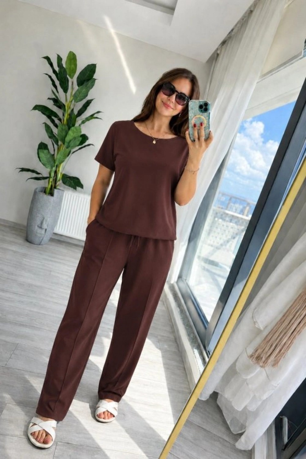 Pileli Store Kadın Kısa Kollu Bisiklet Yakalı Viskon Iki Iplik Bluz ve Pantolon Ikili Takım