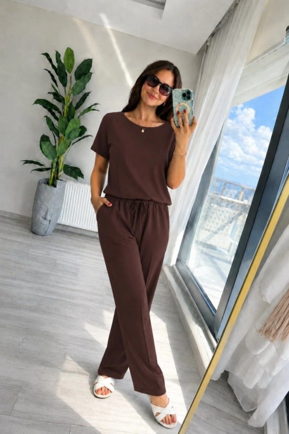 Pileli Store Kadın Kısa Kollu Bisiklet Yakalı Viskon Iki Iplik Bluz ve Pantolon Ikili Takım görsel 3