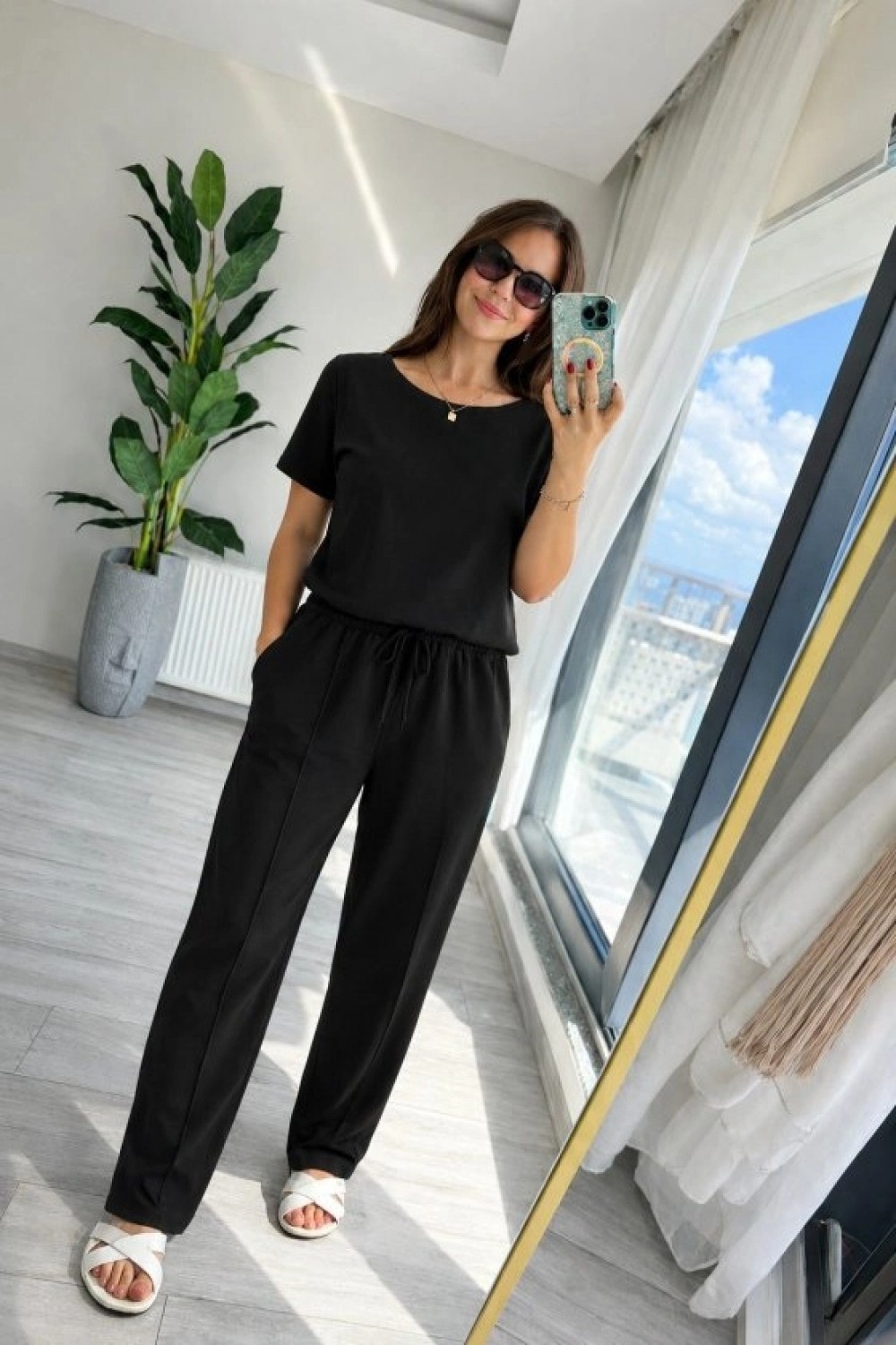 Pileli Store Kadın Kısa Kollu Bisiklet Yakalı Viskon Iki Iplik Bluz ve Pantolon Ikili Takım