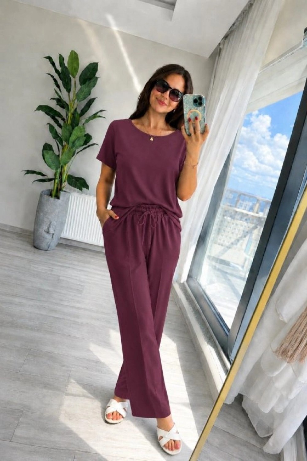 Pileli Store Kadın Kısa Kollu Bisiklet Yakalı Viskon Iki Iplik Bluz ve Pantolon Ikili Takım görsel 4
