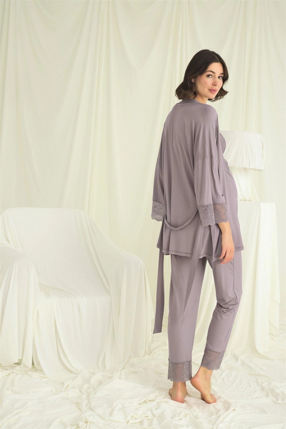 Pileli Store Dantelli Hamile Lohusa 3'lü Pijama Takımı görsel 5