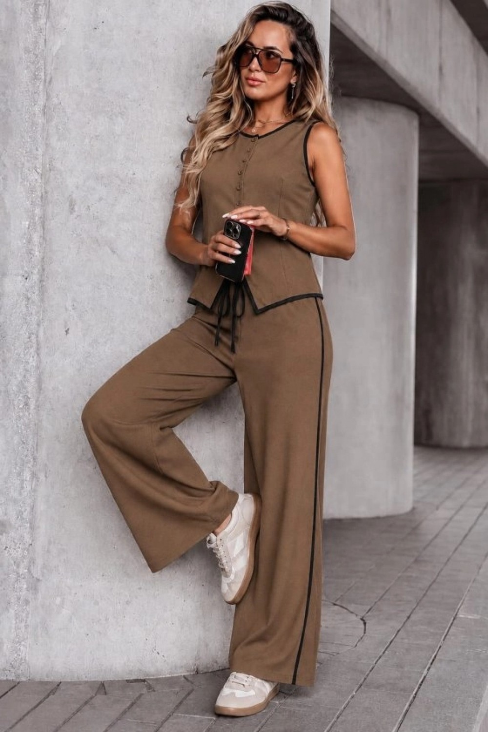 Pileli Store Kadın Kolsuz Önü Düğmeli Yelek ve Pantolon Ikili Takım