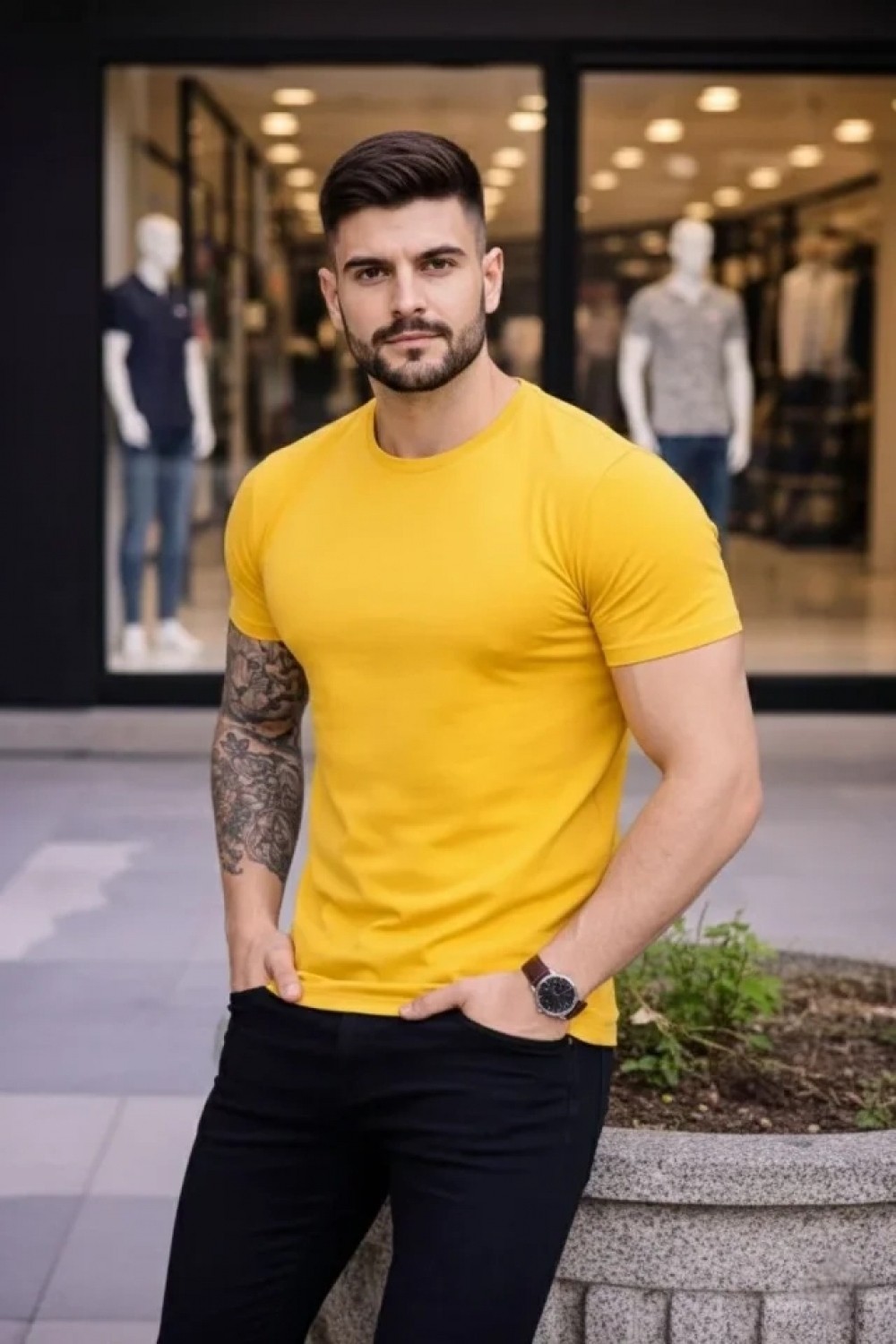 Pileli Store Erkek T-Shirt Bisiklet Yaka Slim Fit Dar Kesim Likralı Tişört Günlük Basic Body - Sarı görsel 3