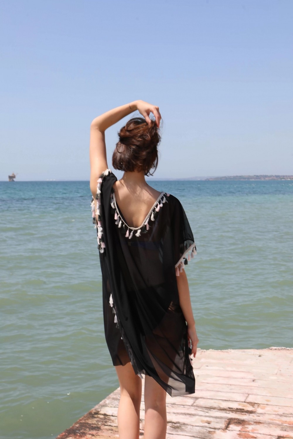 Pileli Store Kadın Püsküllü Tunik Pareo Plaj Elbisesi Siyah