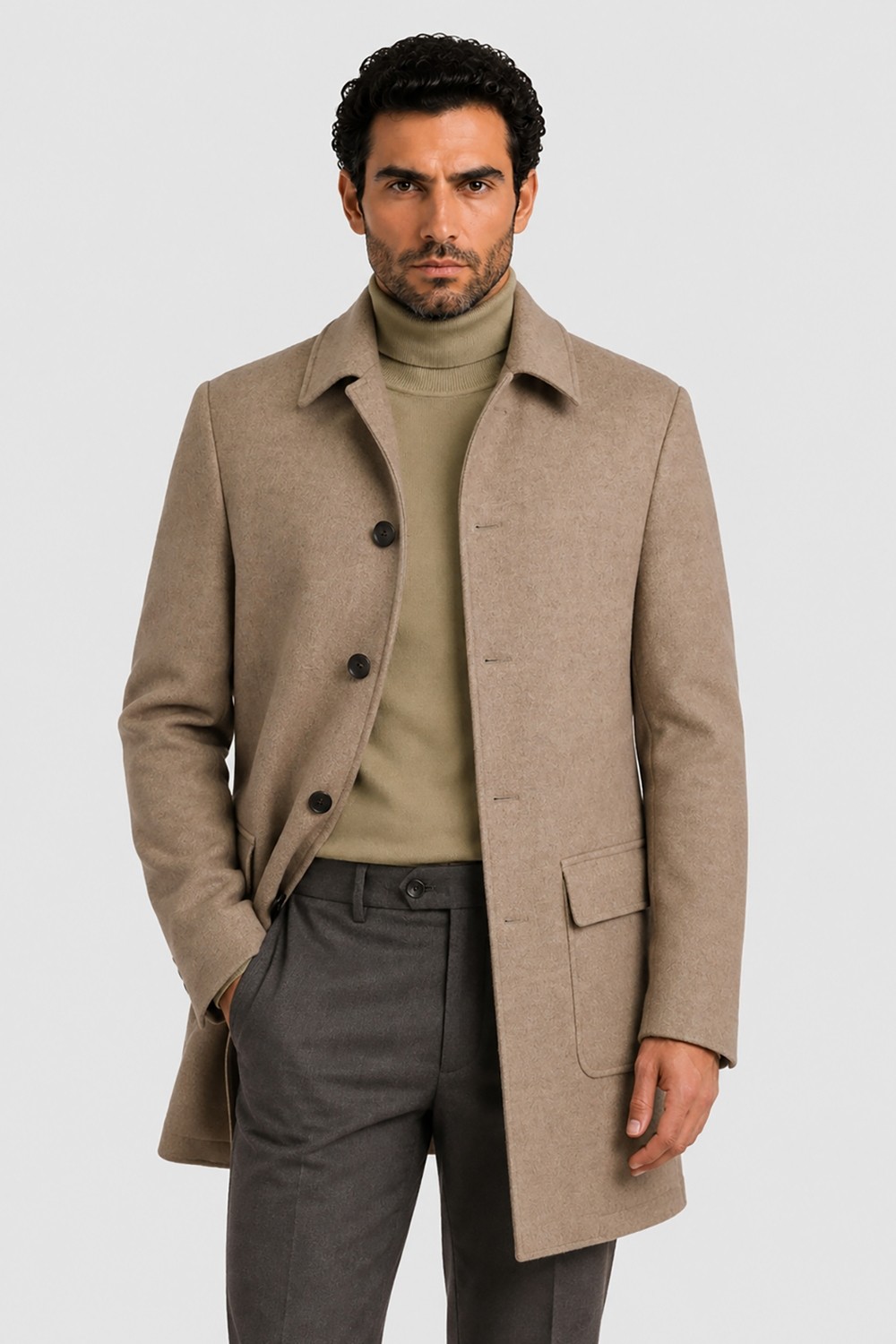 Gabbiacci Made In Italy Vitale Barberis Erkek Düğmeli Cepli %100 Yün Kaban U008198 Bej