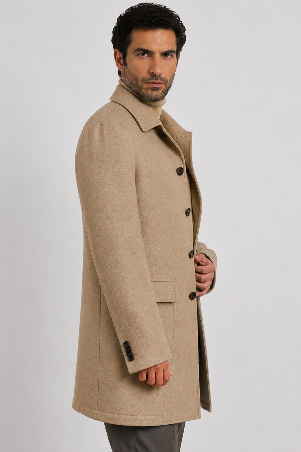 Gabbiacci Made In Italy Vitale Barberis Erkek Düğmeli Cepli %100 Yün Kaban U008198 Bej görsel 2
