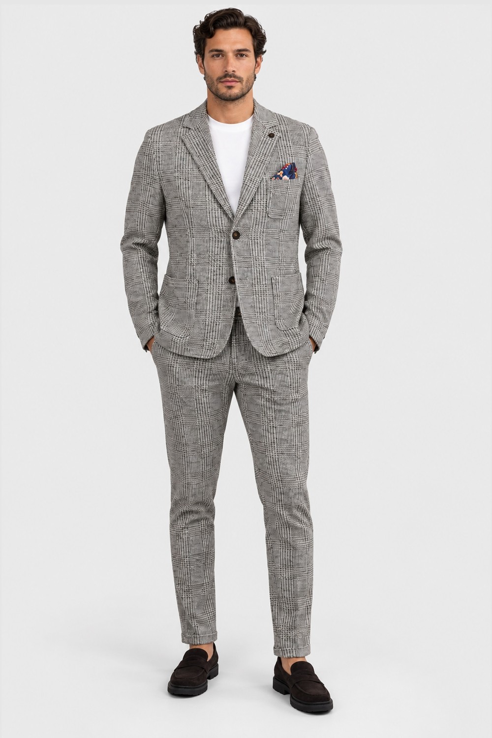 V2 Brand Made In Italy Erkek Ekoseli Düğmeli Takım Elbise Qusab U007929 Kahve