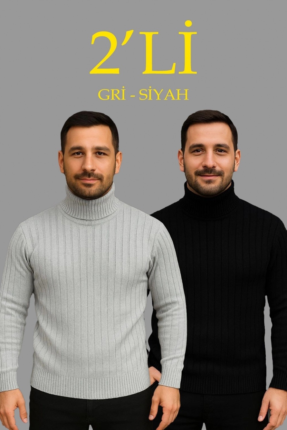 Pileli Store Fitilli Triko Kazak 2'li Set Gri Siyah Regular Balıkcı Yaka Tam Boğazlı Triko Seti Modeli Kazak