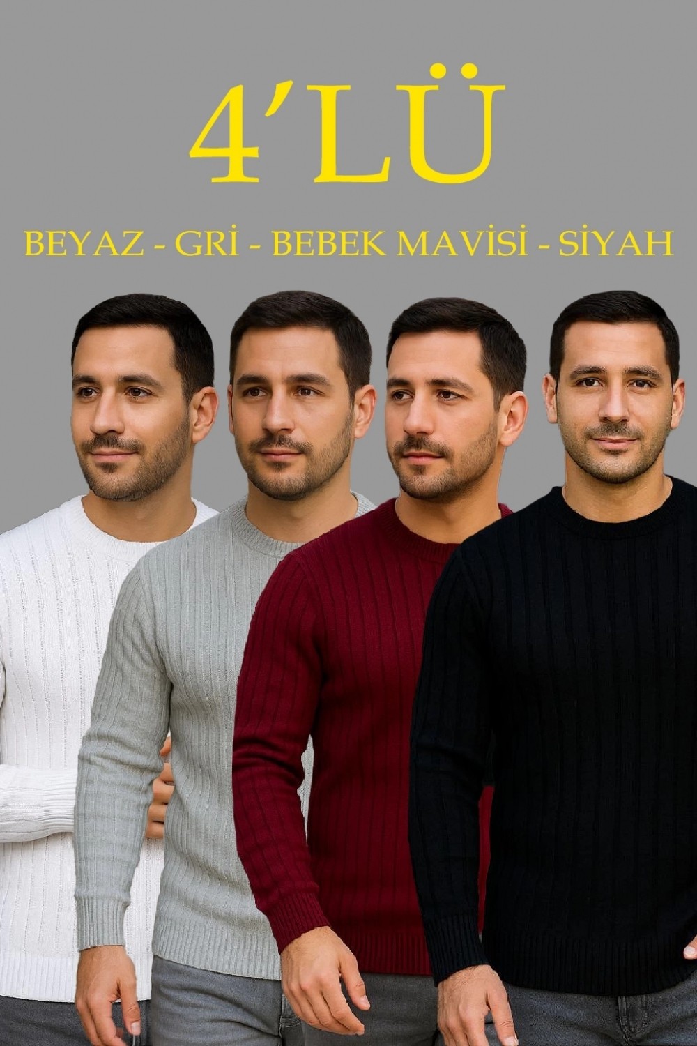 Pileli Store Fitilli Triko Kazak 4’lü Set, Beyaz, Bordo, Gri, Siyah | Kalın Dokuma Pamuklu Regular Fit Bisiklet Yaka Uzun Kollu Kışlık ve Baharlık Rahat Triko Kombini