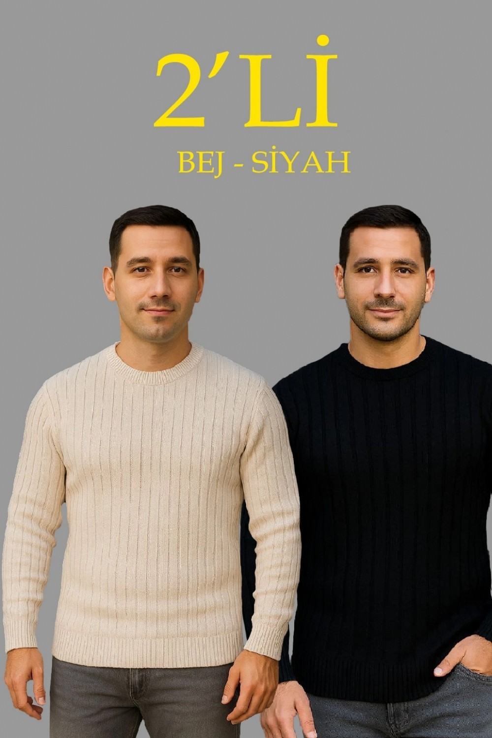 Pileli Store Fitilli Triko Kazak 2’li Set, Bej Beyaz, Kalın Dokuma Pamuklu Regular Fit Bisiklet Yaka Uzun Kollu Rahat Kışlık Kazak Kombini