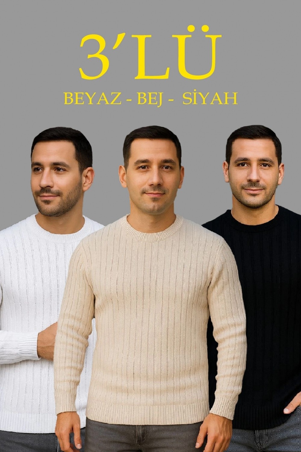 Pileli Store Fitilli Triko Kazak 3’lü Set, Bej, Beyaz, Siyah | Kalın Dokuma Pamuklu Regular Fit Bisiklet Yaka Uzun Kollu Kışlık ve Baharlık Rahat Triko Kombini