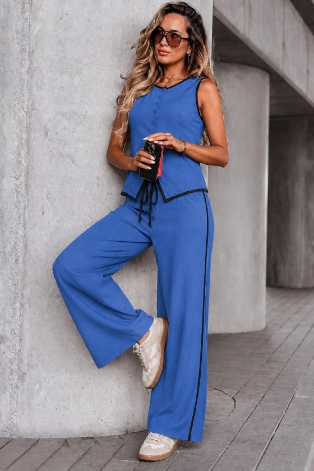 Pileli Store Kadın Kolsuz Önü Düğmeli Yelek ve Pantolon Ikili Takım