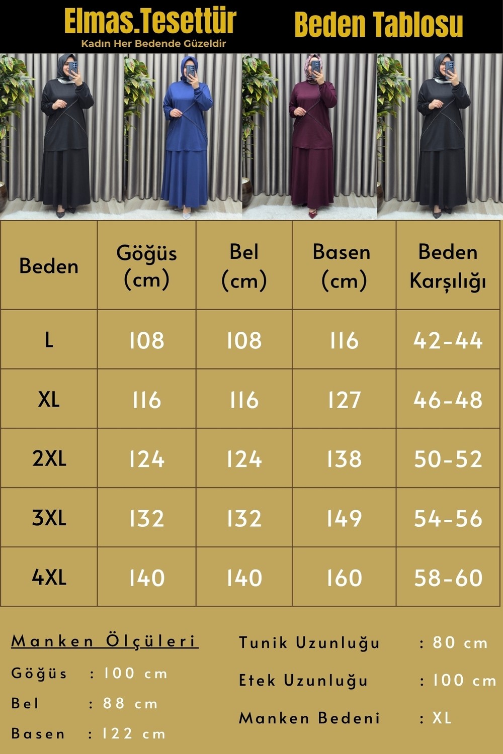 Elmas Tesettür Kadın Giyim Büyük Beden Çapraz Taşlı Kolu Lastikli Korse Bel Etekli Elmas Sultan Takım görsel 3