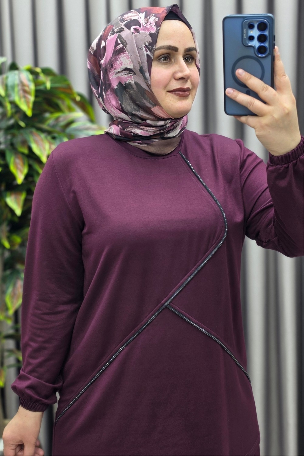 Elmas Tesettür Kadın Giyim Büyük Beden Çapraz Taşlı Kolu Lastikli Korse Bel Etekli Elmas Sultan Takım görsel 4